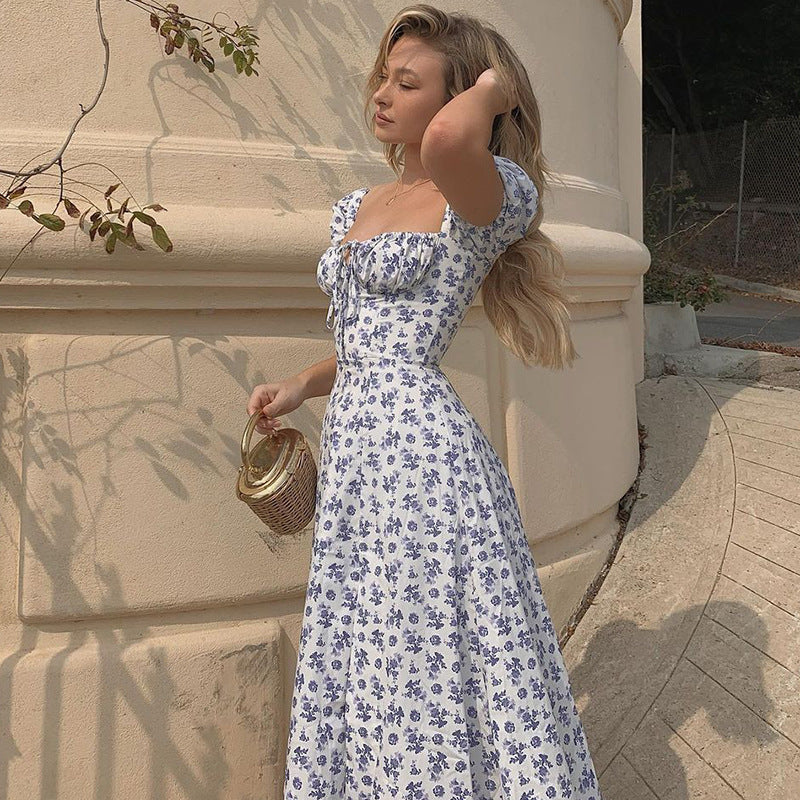 Puff Sleeve High Split Floral Print Dress