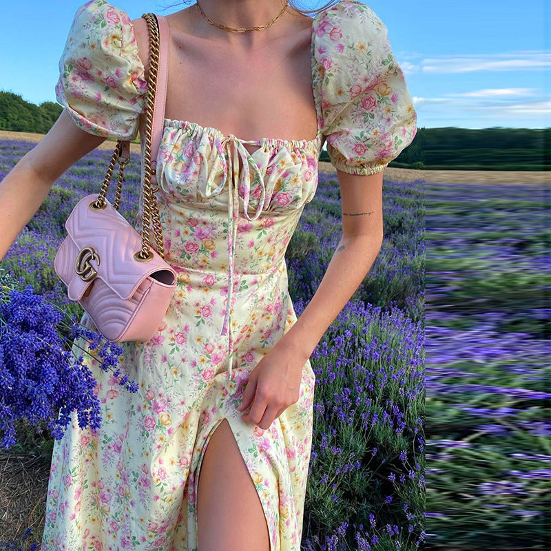 Puff Sleeve High Split Floral Print Dress