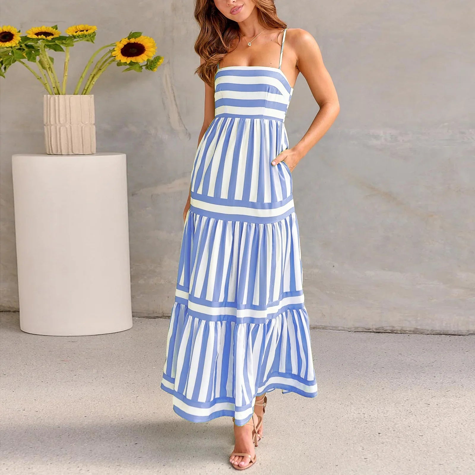 Striped Suspender Pocket Maxi Dress