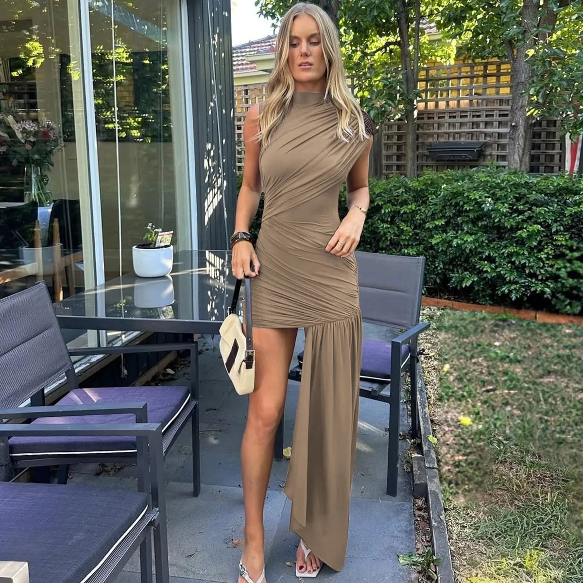 Round Neck Pleated Midi Dress