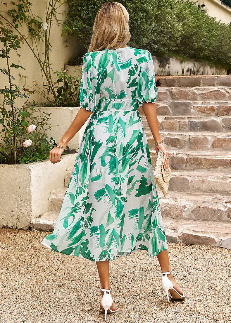 Chiffon floral high waist vacation dress
