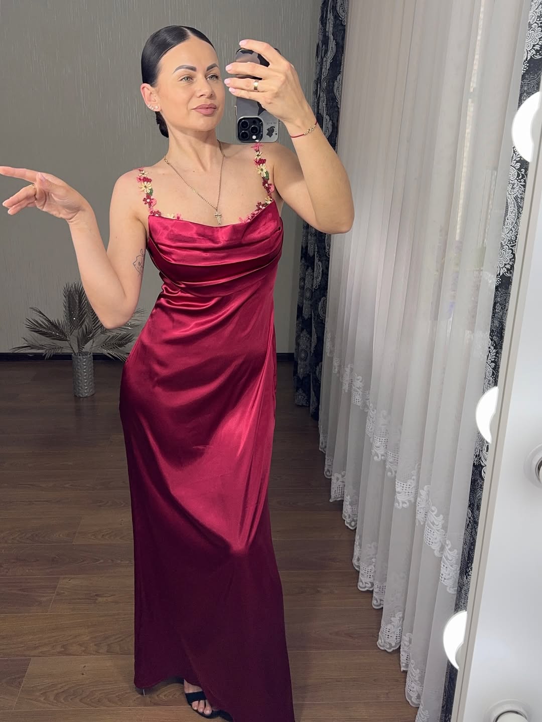 Embellished Strap Tie Back Satin Bodycon Maxi Dress