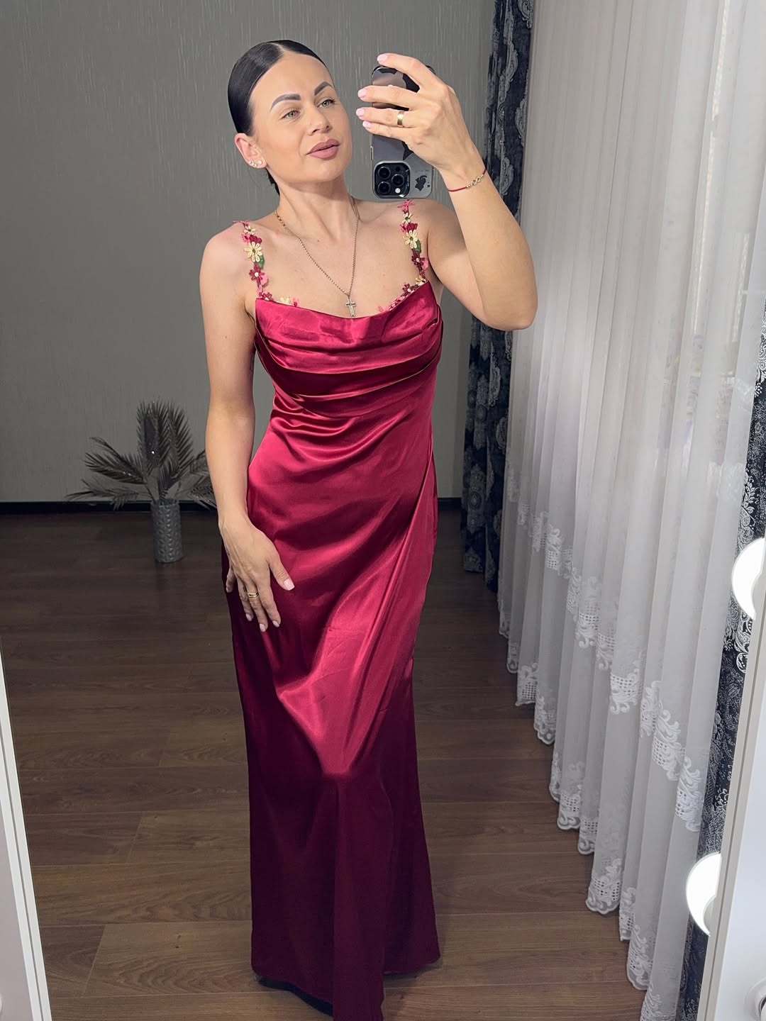 Embellished Strap Tie Back Satin Bodycon Maxi Dress