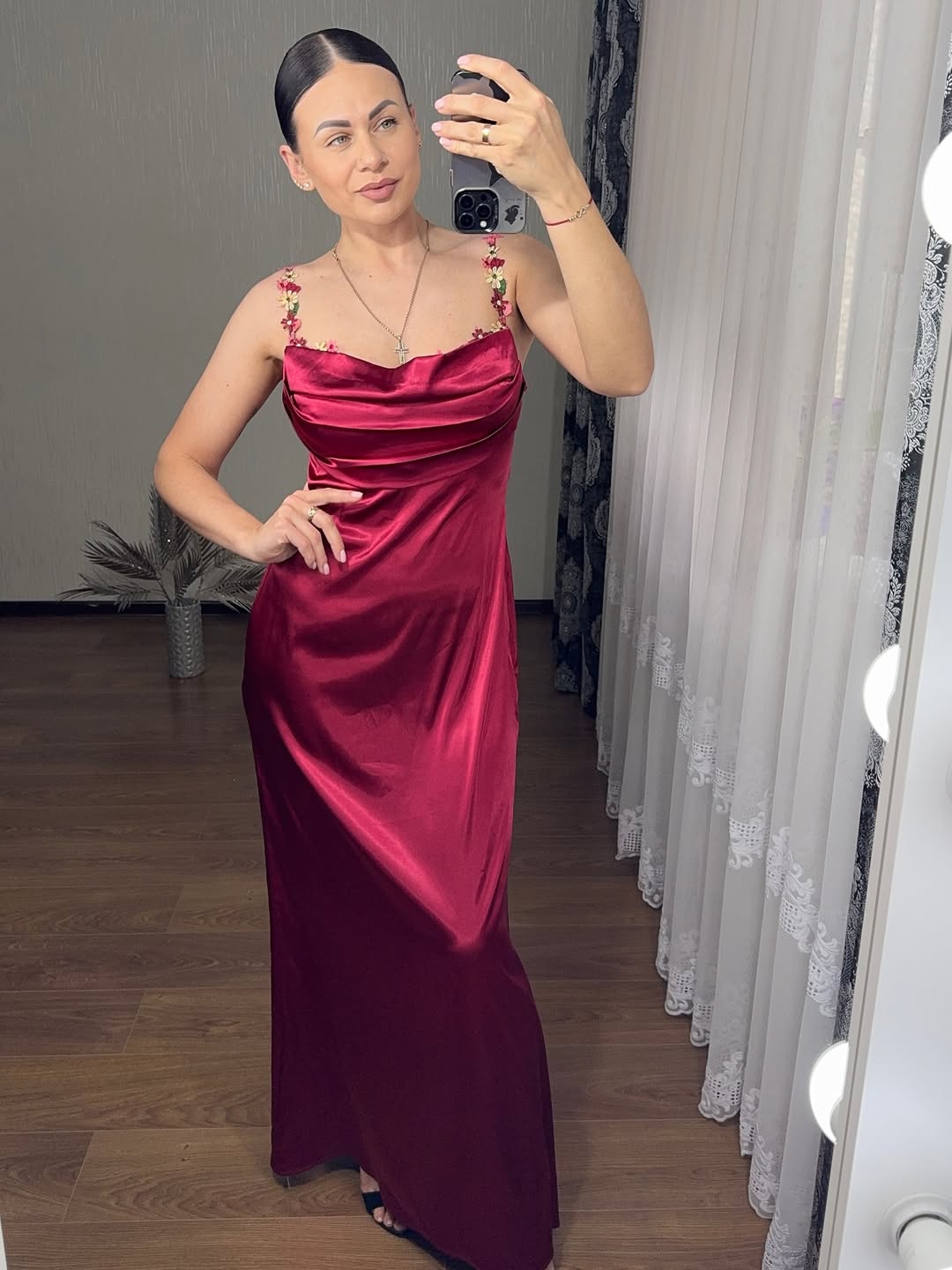 Embellished Strap Tie Back Satin Bodycon Maxi Dress