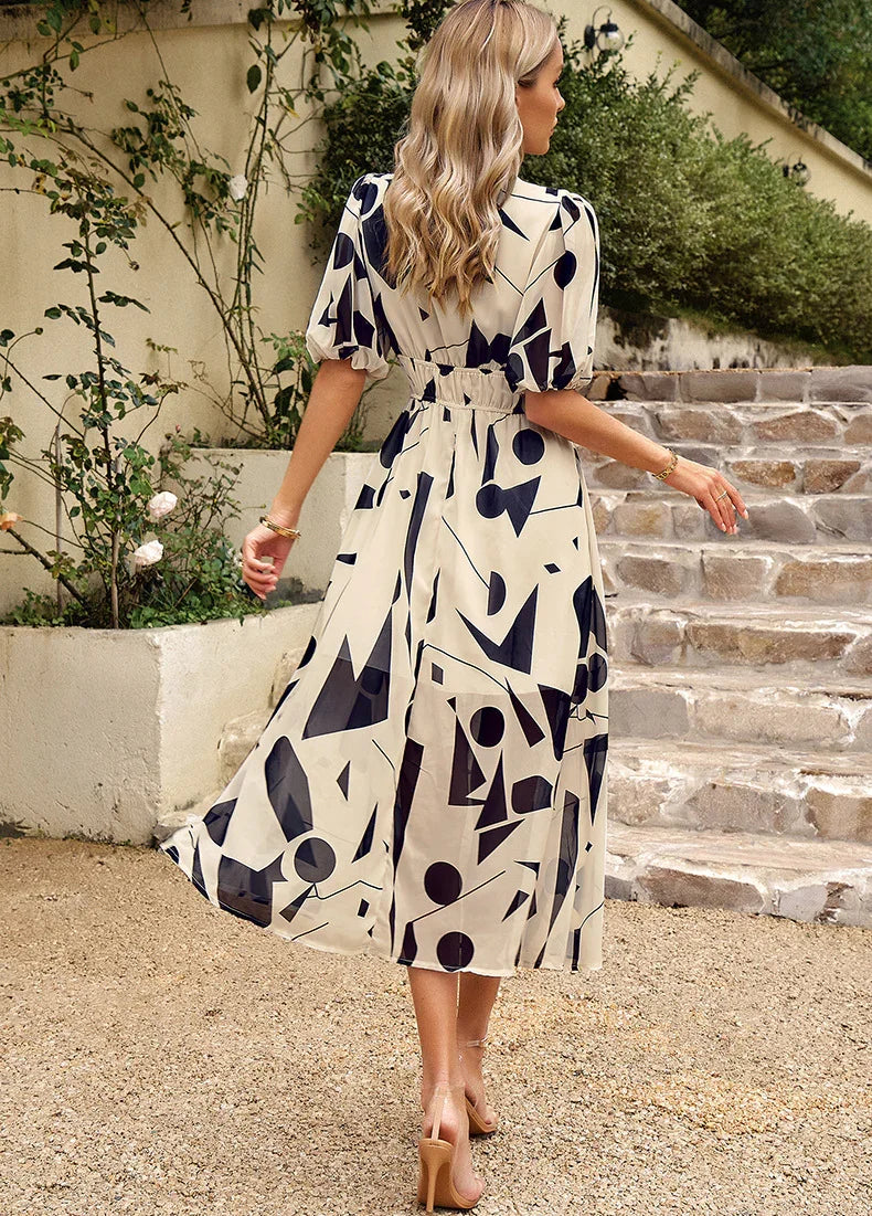 Chiffon floral high waist vacation dress
