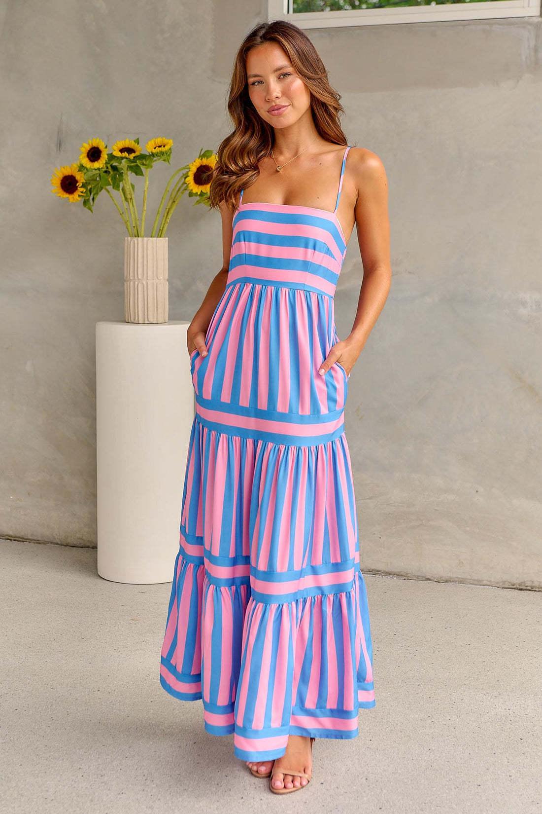 Striped Suspender Pocket Maxi Dress