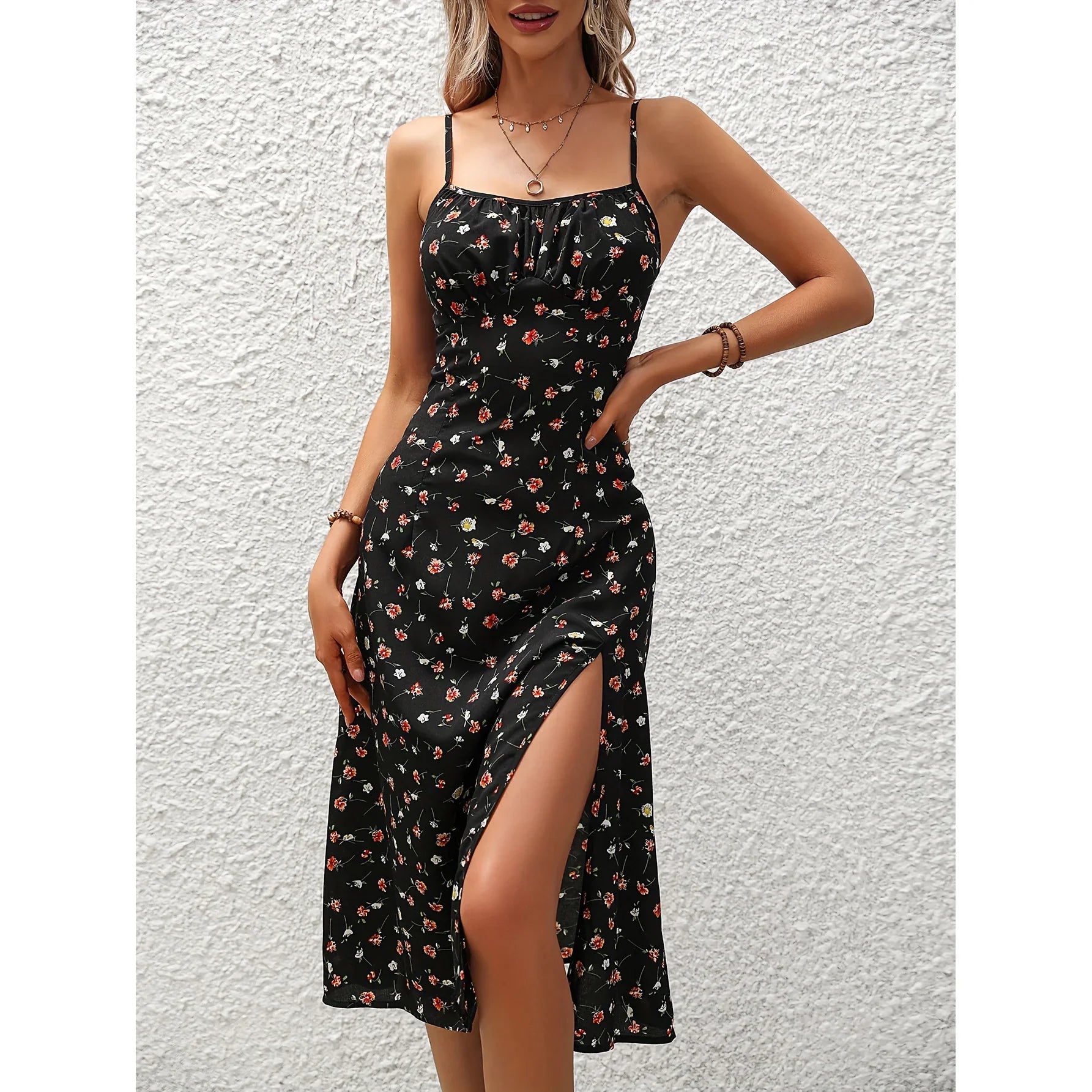 Polka Dot Split Suspender Long Dress