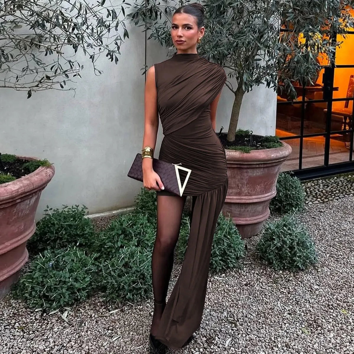 Round Neck Pleated Midi Dress
