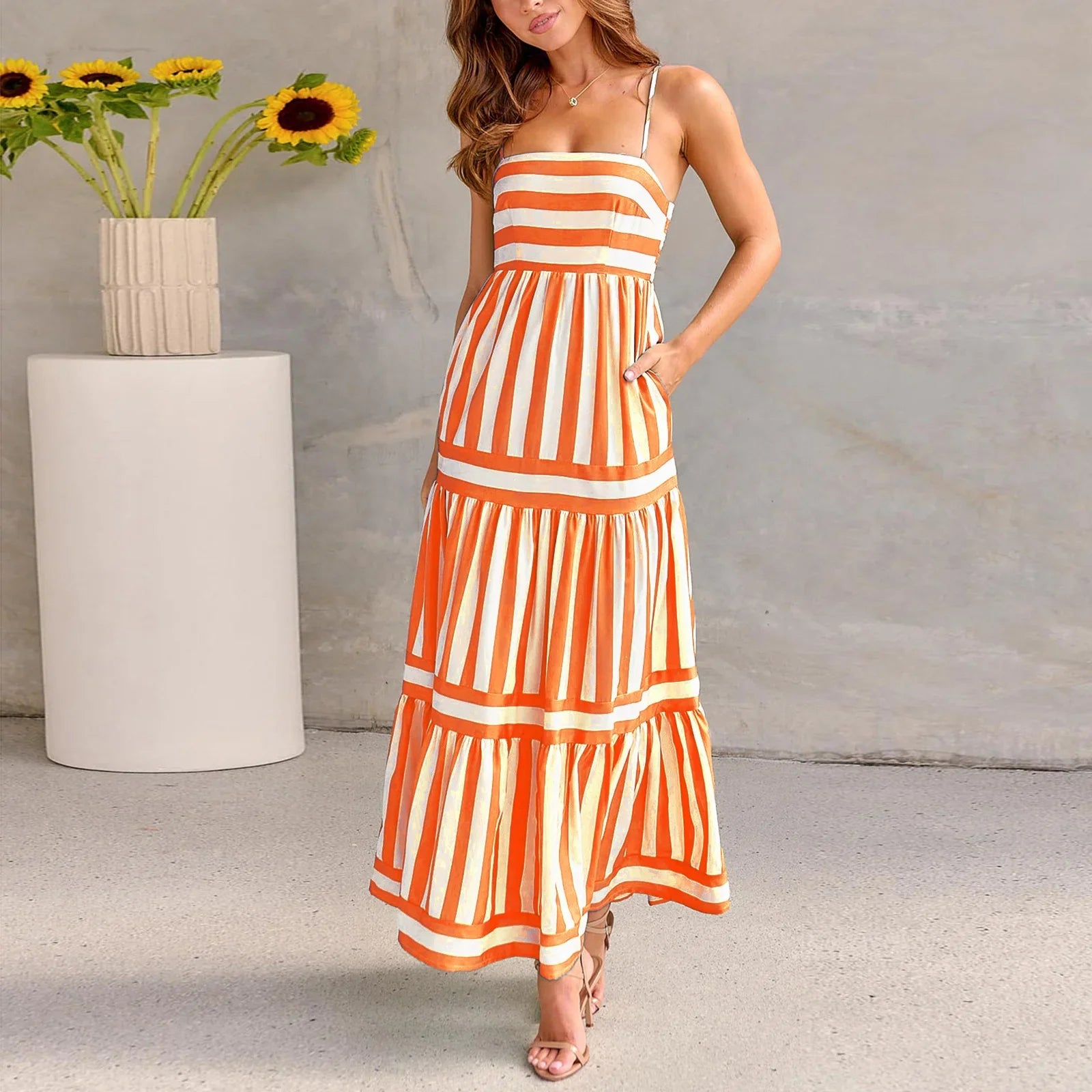 Striped Suspender Pocket Maxi Dress