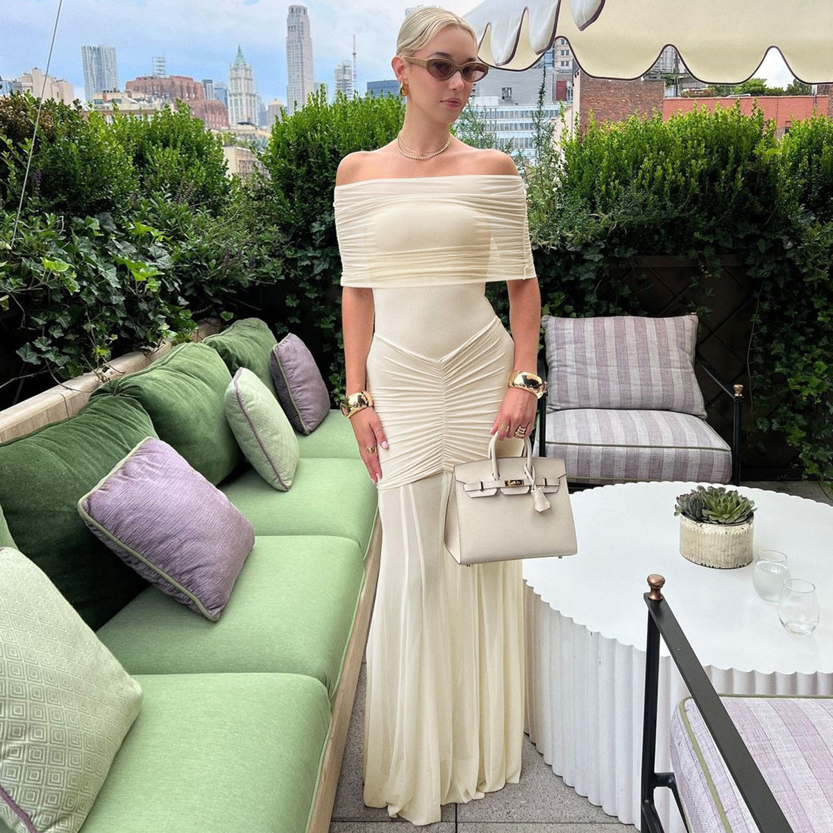 Sheer Pleats Off-Shoulder Evening Dress