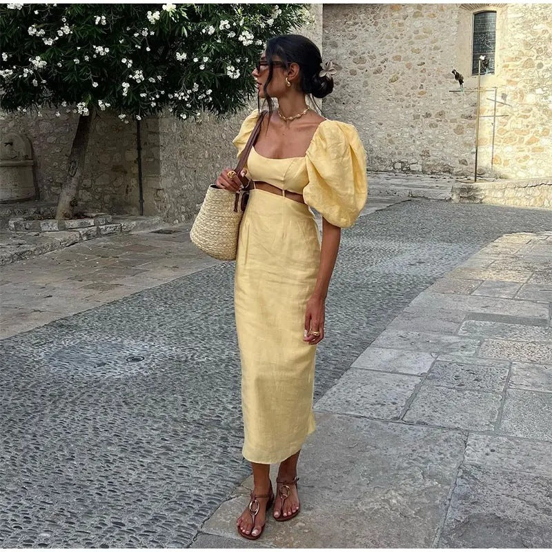 Vintage Puff Sleeve High Midi Dress