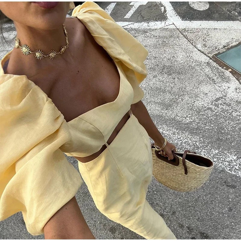 Vintage Puff Sleeve High Midi Dress
