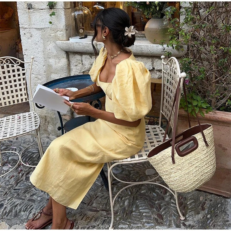 Vintage Puff Sleeve High Midi Dress