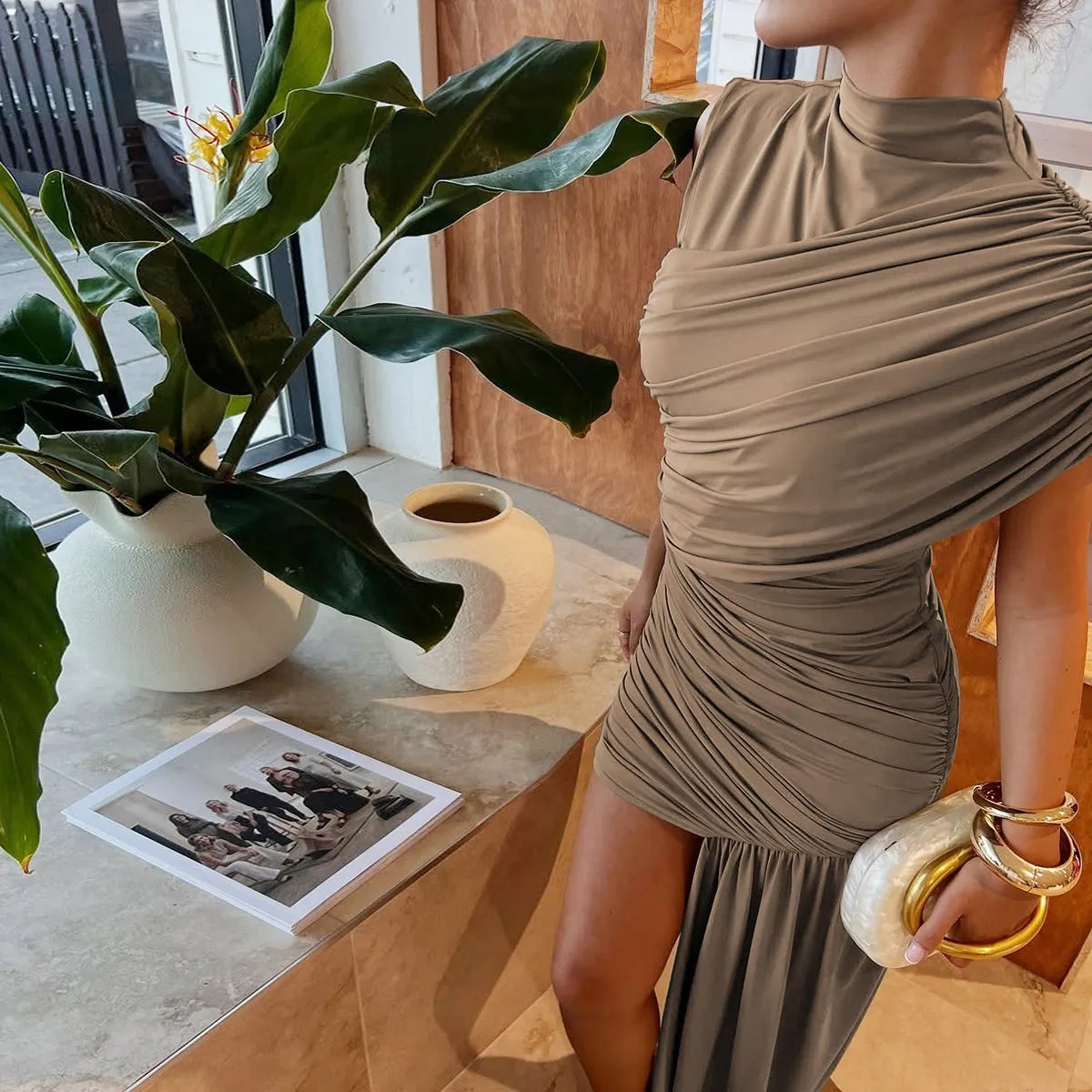 Round Neck Pleated Midi Dress