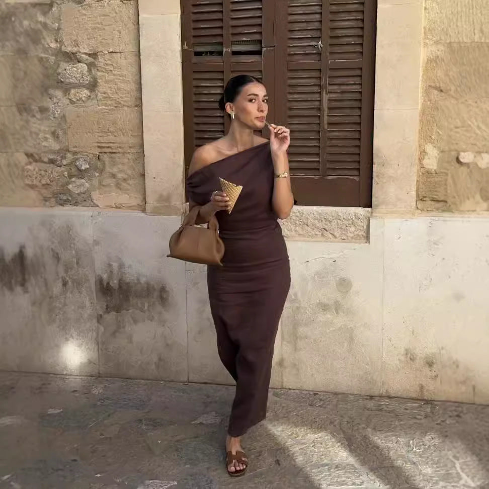 Off Shoulder Draping Effect Slim Fit Maxi Dress