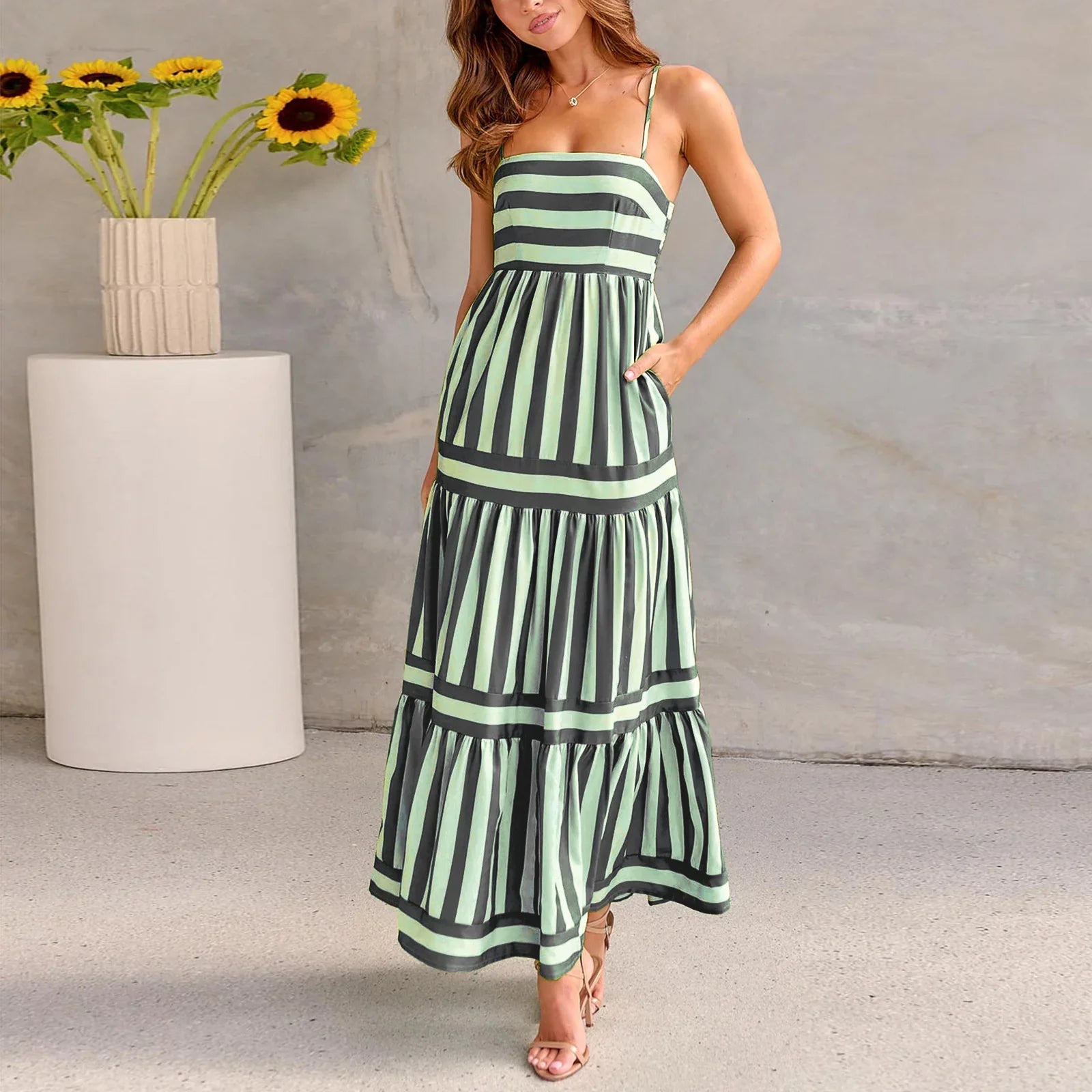 Striped Suspender Pocket Maxi Dress