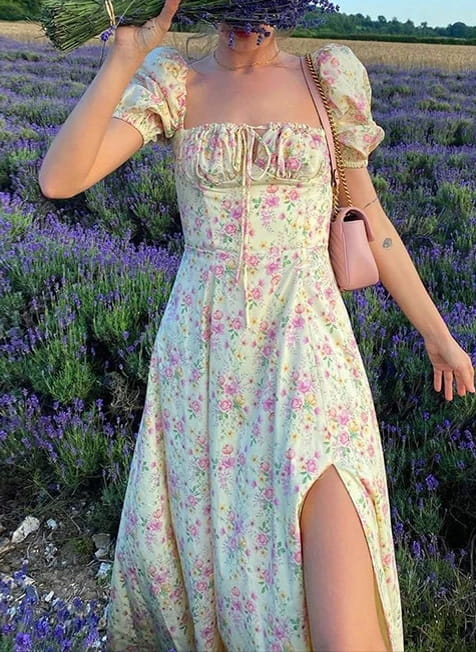 Puff Sleeve High Split Floral Print Dress