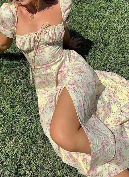 Puff Sleeve High Split Floral Print Dress