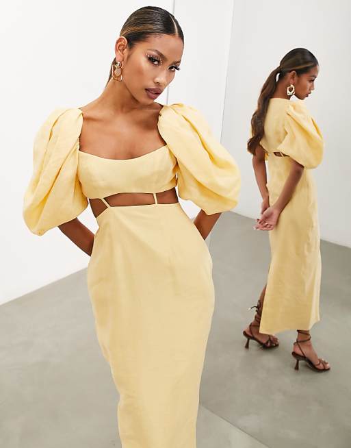 Vintage Puff Sleeve High Midi Dress
