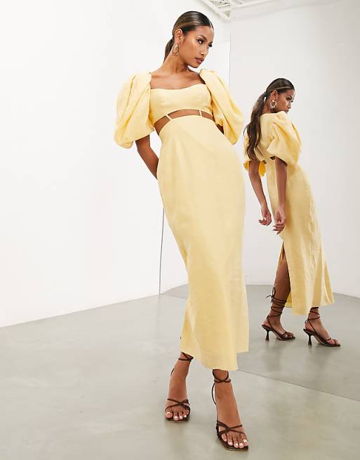 Vintage Puff Sleeve High Midi Dress