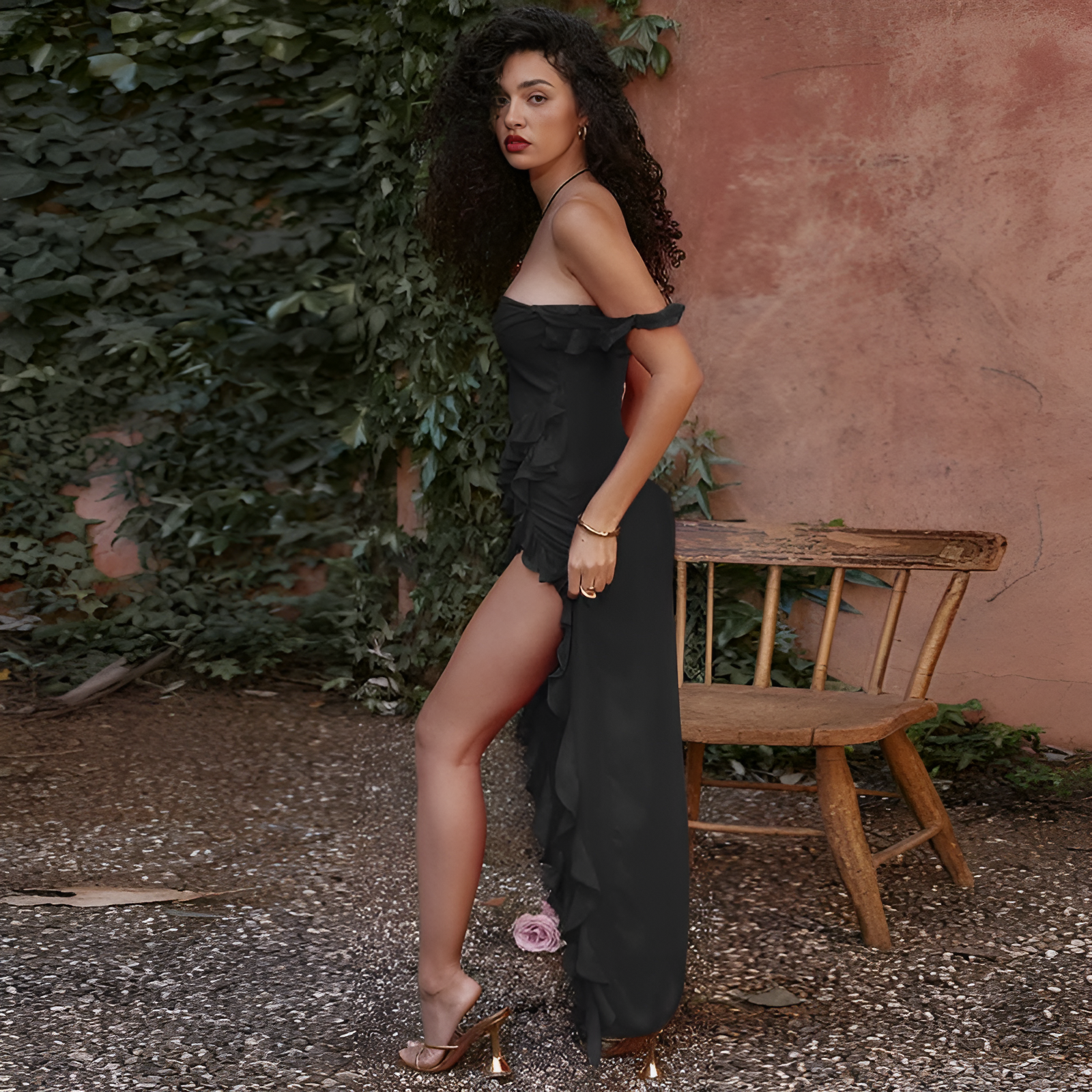Ruffle high split spaghetti strap midaxi dress