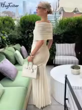 Sheer Pleats Off-Shoulder Evening Dress