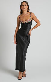 Embellished Strap Tie Back Satin Bodycon Maxi Dress