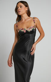 Embellished Strap Tie Back Satin Bodycon Maxi Dress