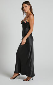 Embellished Strap Tie Back Satin Bodycon Maxi Dress