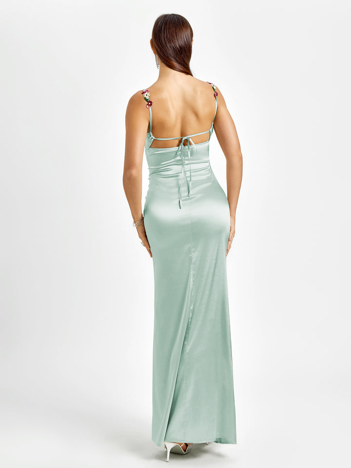 Embellished Strap Tie Back Satin Bodycon Maxi Dress