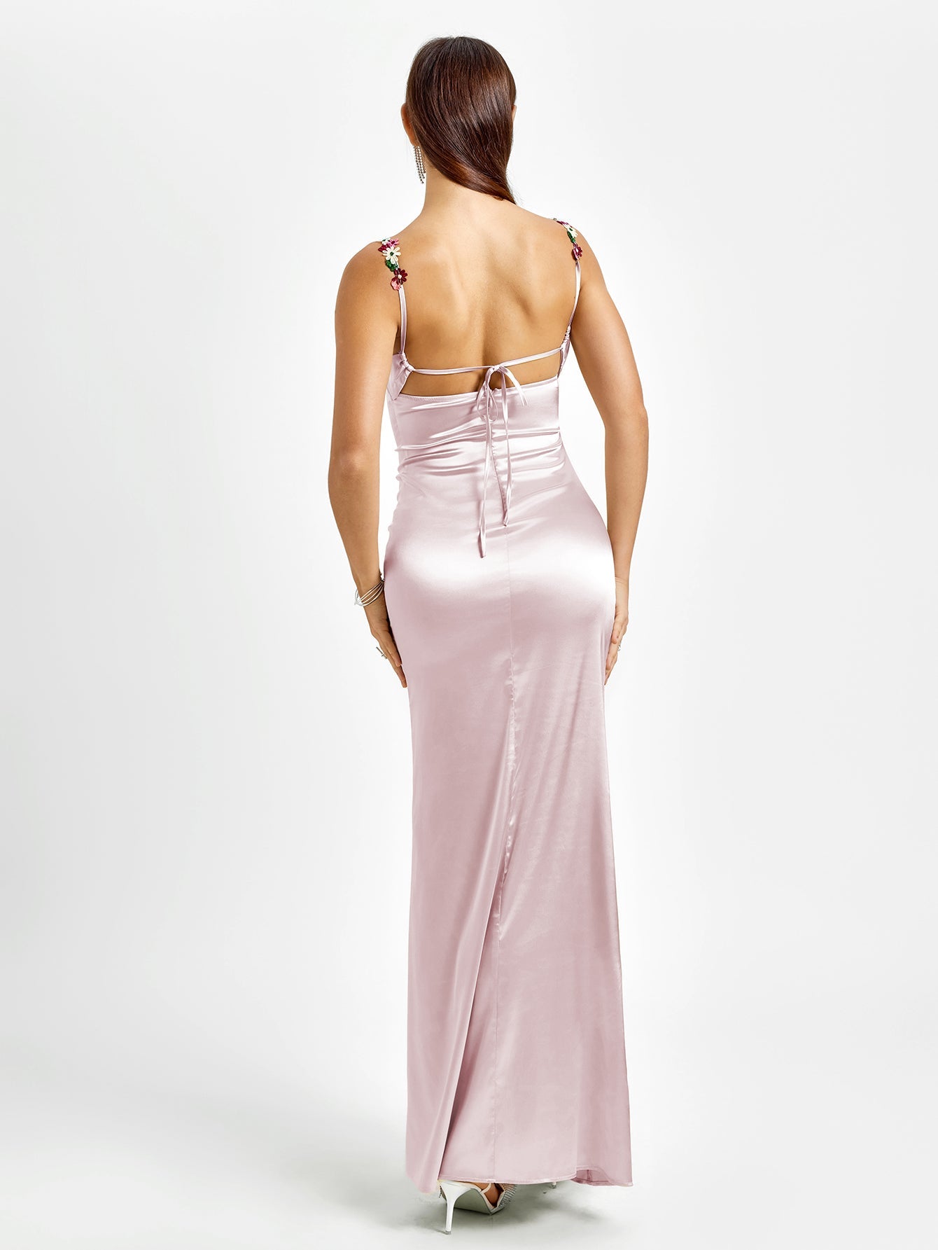 Embellished Strap Tie Back Satin Bodycon Maxi Dress