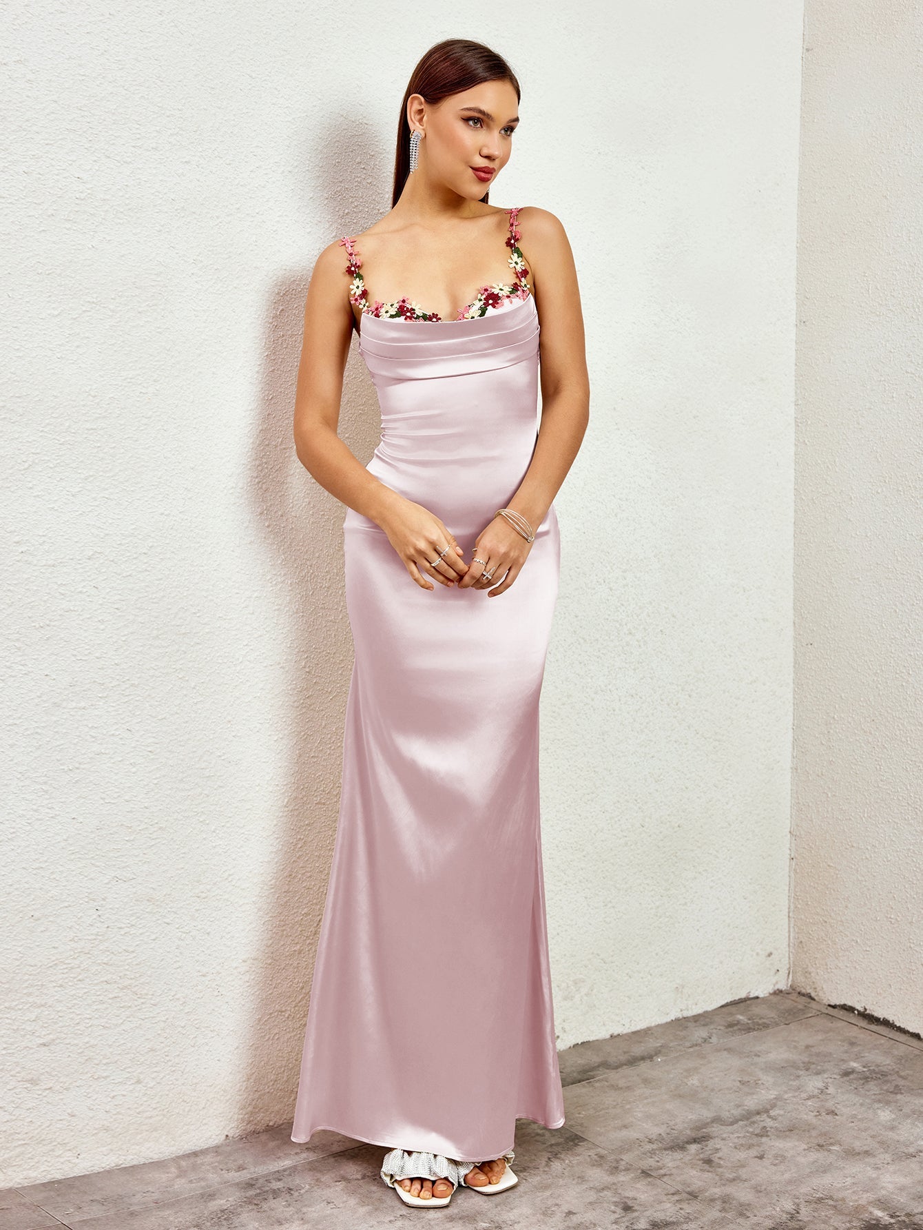 Embellished Strap Tie Back Satin Bodycon Maxi Dress