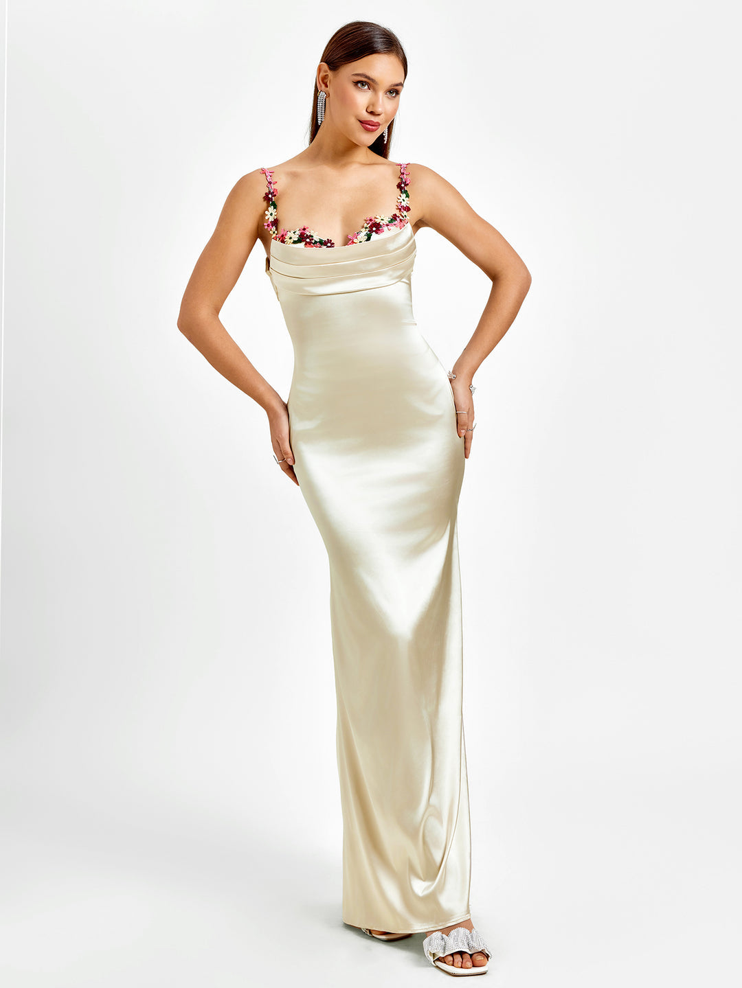 Embellished Strap Tie Back Satin Bodycon Maxi Dress
