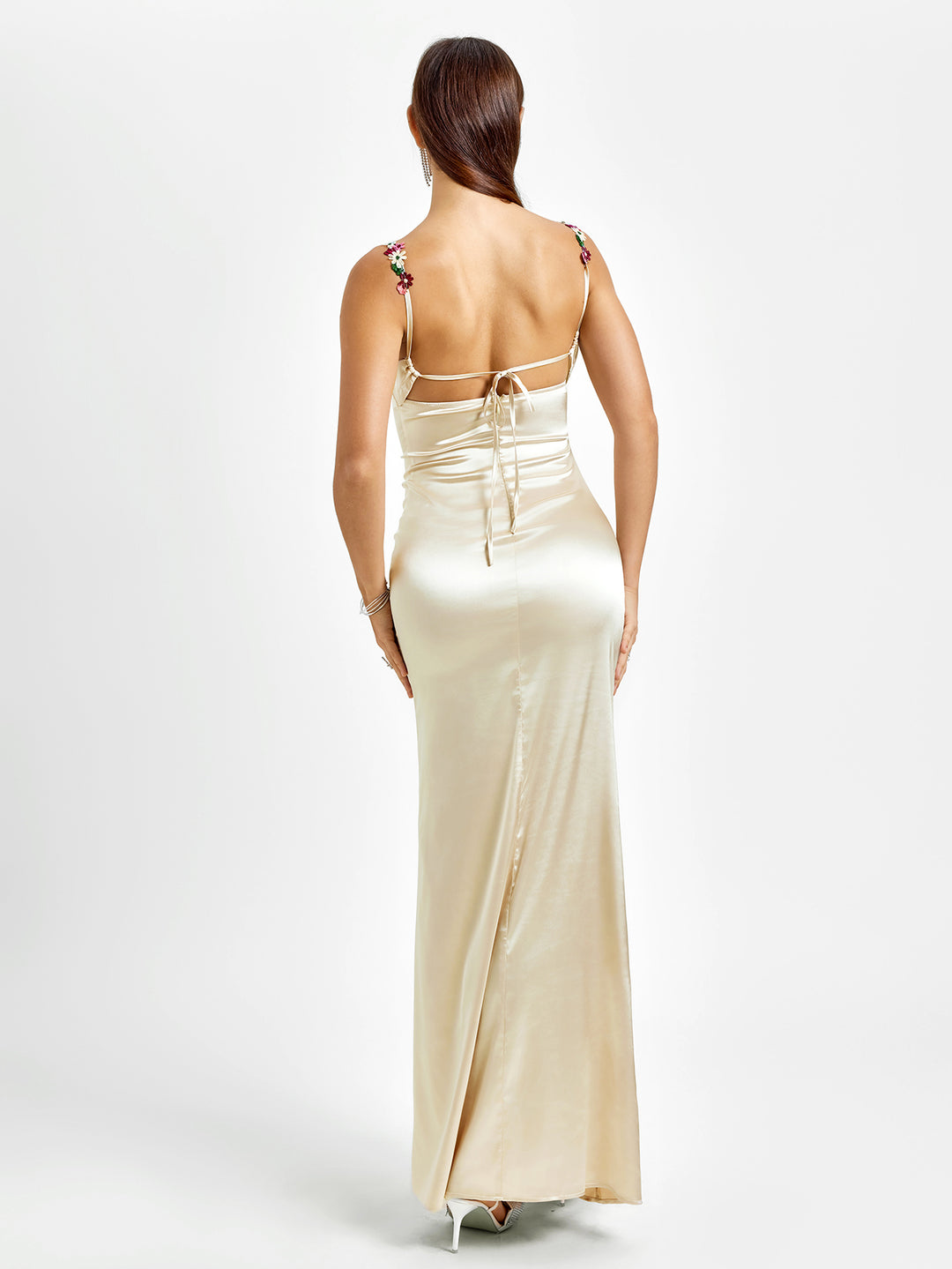 Embellished Strap Tie Back Satin Bodycon Maxi Dress