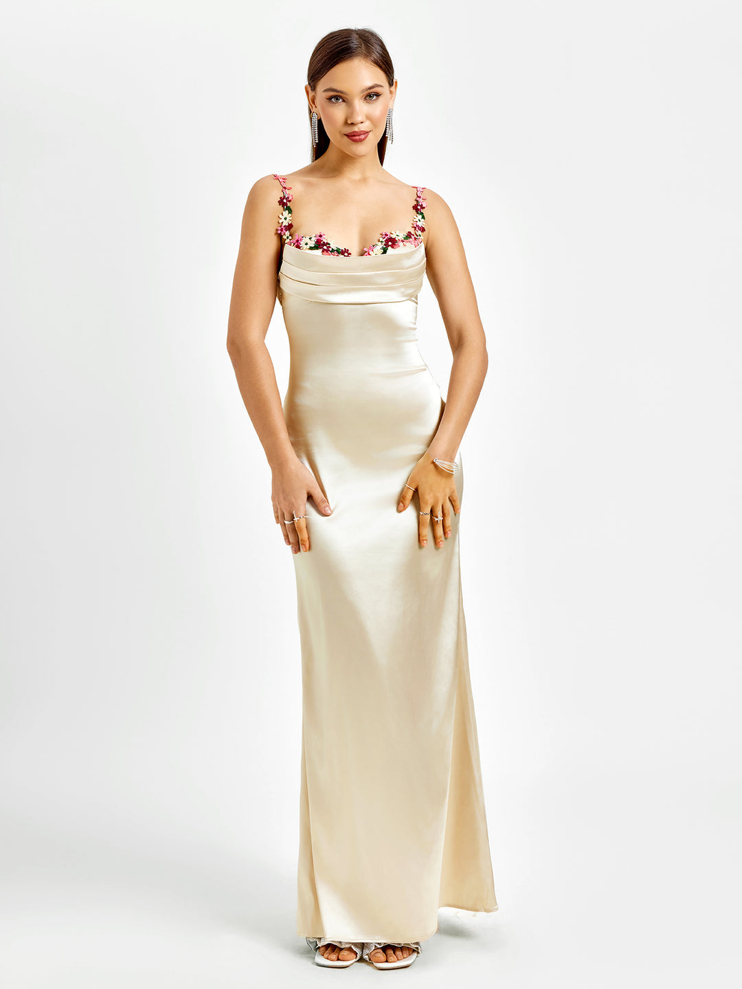 Embellished Strap Tie Back Satin Bodycon Maxi Dress